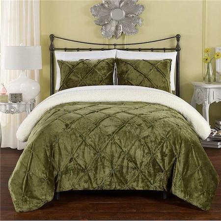 Chic Home CS5125-BIB-US Enzo Pinch Pleated Ruffled & Pin Tuck Sherpa Lined Bed In A Bag Comforter Set With Sheets - White & Green - Queen - 7 Piece